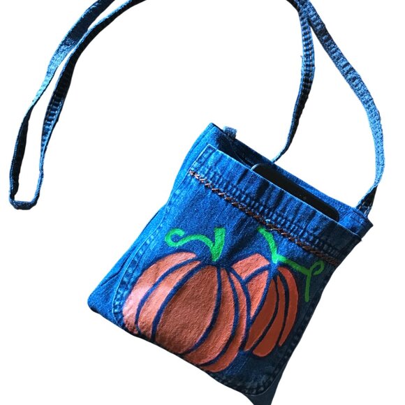 Handmade Crossbody Bag: Recycled Denim Cell Phone Holder, Autumn Painted Pumpkin - Picture 5 of 11